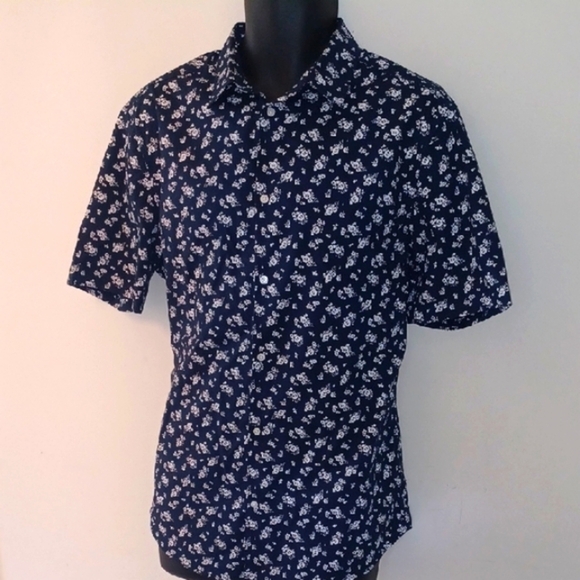 H&M Dark Blue Floral Button Down Slim Fit Shirt, L - Picture 4 of 8